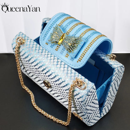 Sky Blue Color Party Peep Toe High Heels and Handbag  Set With Striped and Rhinestone Decoration Design