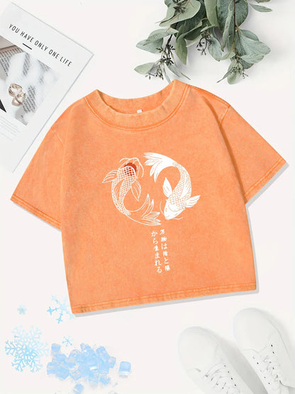 Casual Cotton Crop Tops Womens Japanese Koi Harajuku Prints Washed T-Shirts Street O-Neck Regular Fit Streetwear Sexy Clothes