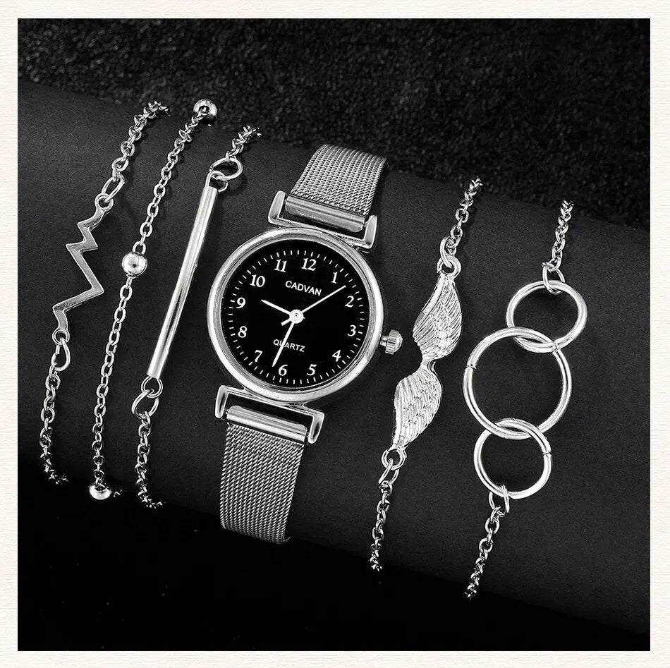 6PCS Set Women Watches Fashion Ladies Quartz Watch Bracelet Set Silvery Mesh Luxury Women Watches Dress Clock Montre Femme