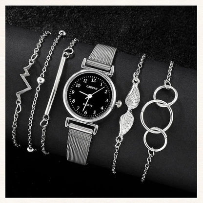 6PCS Set Women Watches Fashion Ladies Quartz Watch Bracelet Set Silvery Mesh Luxury Women Watches Dress Clock Montre Femme
