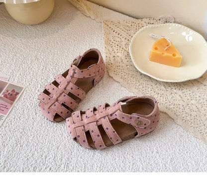 All Over Print Polka Dot Children Sandals for Girls Suede Leather Summer Students Holiday Shoes Girl Daily Shoes Cut-outs I05103