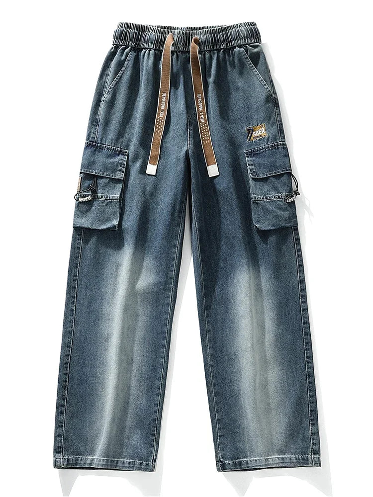 Summer Men's Straight Jeans Multi-Pockets Wide Leg Denim Cargo Pants 8XL 7XL 6XL Big Size Lightweight Baggy Solid Jeans Trousers