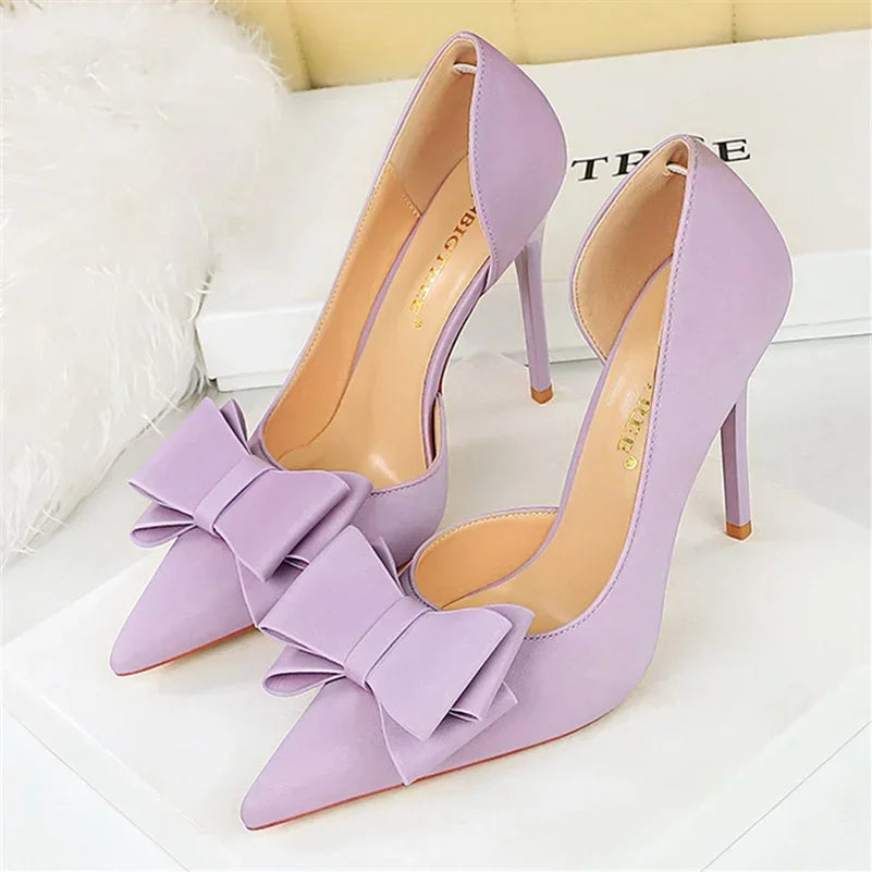 2024 Women 10.5cm High Heels Sweet Korean Side Hollow Pumps Lady Party Purple Green Kawaii Bowknot Heels Prom Silk Satin Shoes