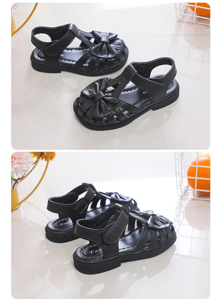 Cute Girls Sandals Bow Peep-toe 2023 New Soft Hook & Loop Beige Kids Princess Shoes Casual Shoes PU Cute Children Shoes Non-slip