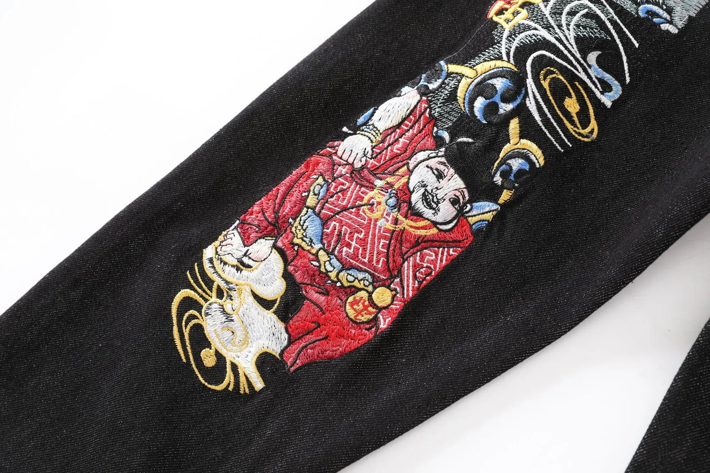 Men's Japanese Handmade Embroidered Cotton Jeans Straight Tube Slim Fit Hip-Hop Trousers Red Ear Detail Devil Big M Golden Text