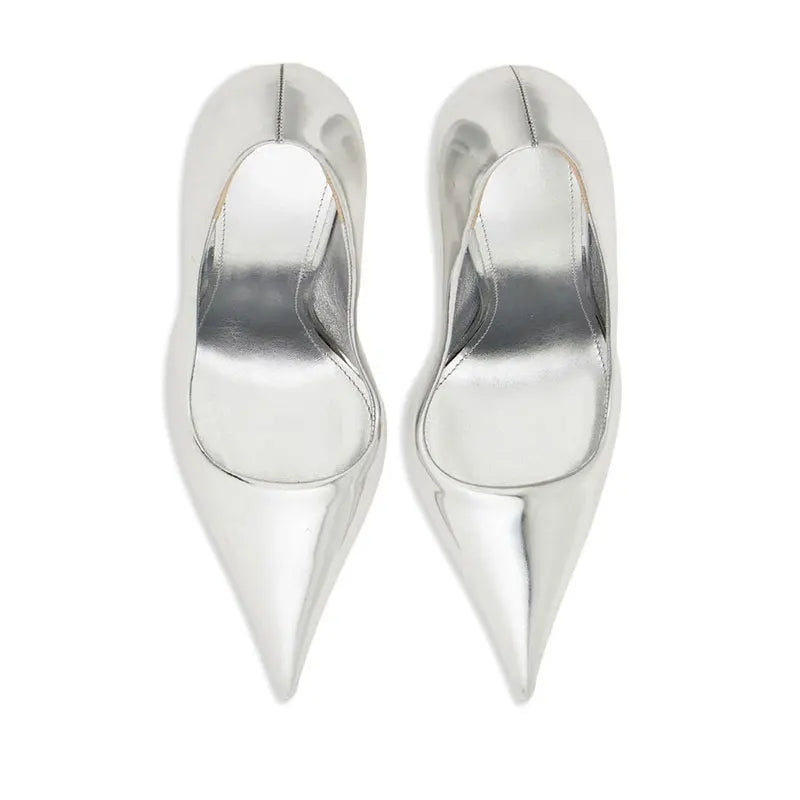 Brand Fashion Show Silvery 9cm High Heel Spring Autumn New Irregular Heels Black Red Pointed Sexy Women's Single Shoes Size 43