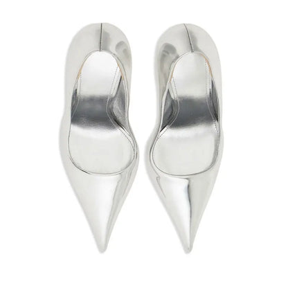 Brand Fashion Show Silvery 9cm High Heel Spring Autumn New Irregular Heels Black Red Pointed Sexy Women's Single Shoes Size 43