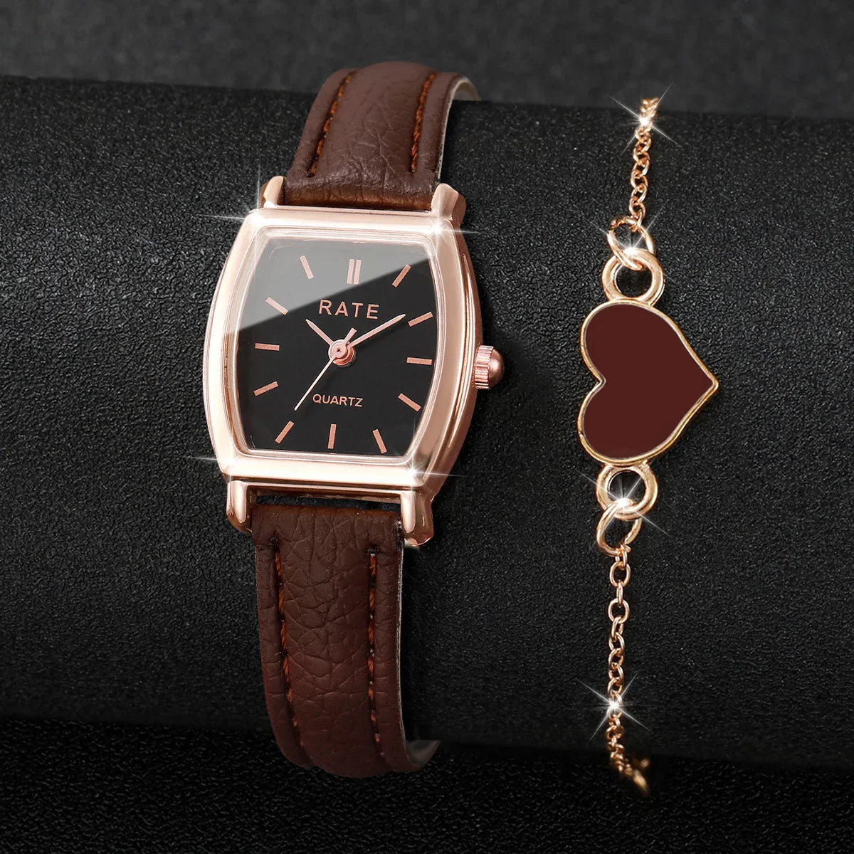2PCS Fashion Leather Strap Quartz Wristwatches Set With Heart Bracelet Casual Simple Dial For Ladies Clock(Without Box)