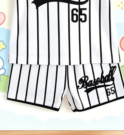 Summer New Arrival Boys Black White Color Block Baseball Style Stripe Short Sleeve Shorts Set