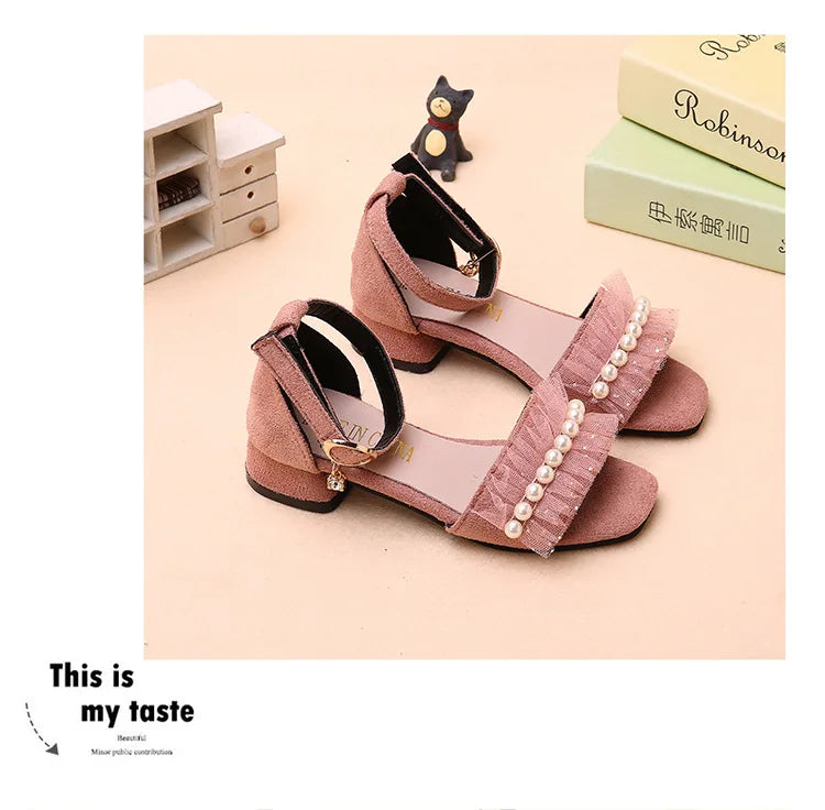 Girls Sandals Summer Shoes Cute Pearls Roman Shoes Pink Black Beading Open-toe Kids Fashion Girls Party Sandals Kids Shoes Chic