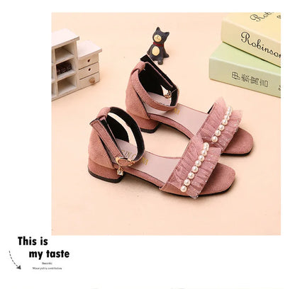 Girls Sandals Summer Shoes Cute Pearls Roman Shoes Pink Black Beading Open-toe Kids Fashion Girls Party Sandals Kids Shoes Chic