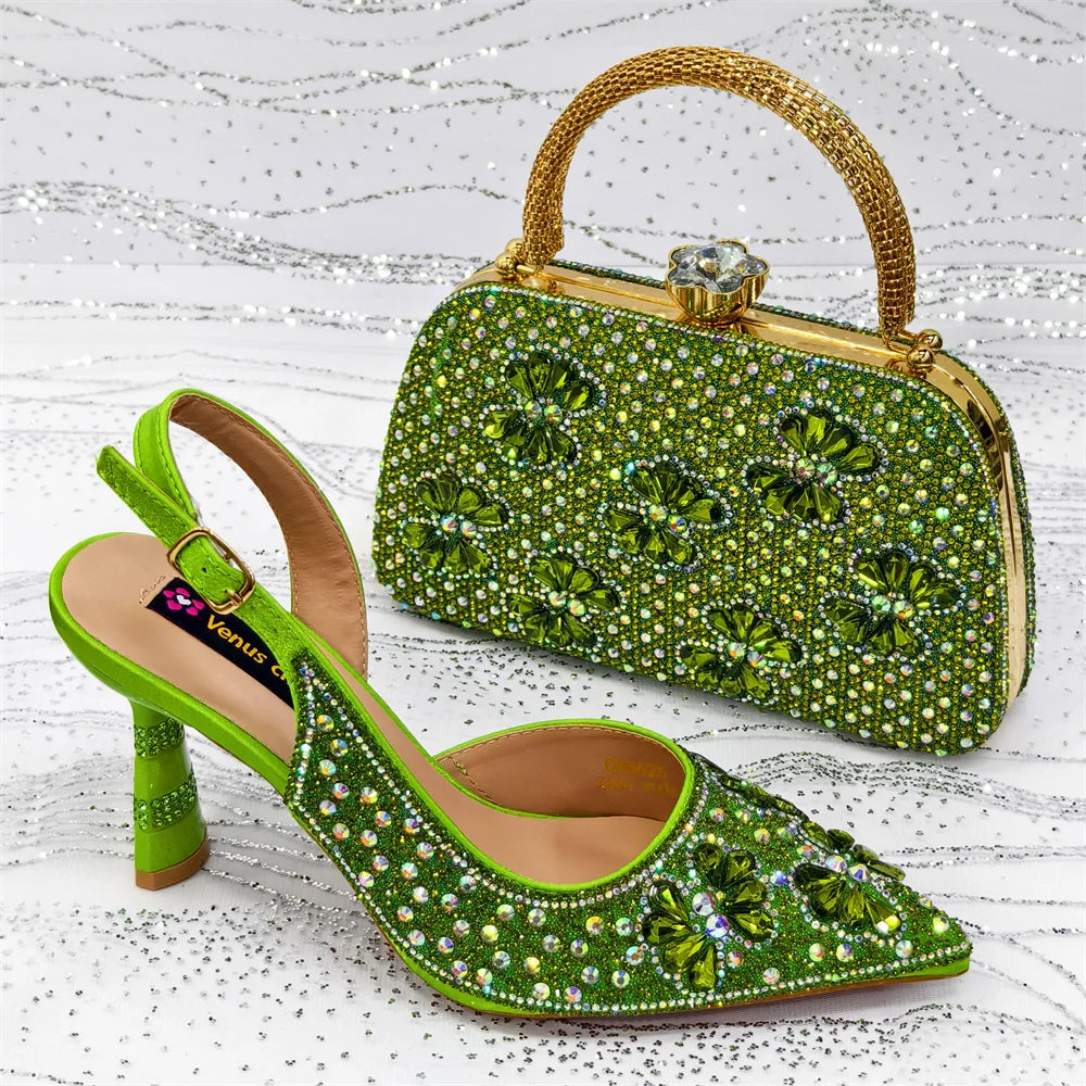 Gold Pointed Toe Rhinestone Heels & Bag Set, Sparkly Slingback Shoes for Women Wedding Party Evening Prom