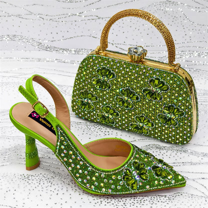 Gold Pointed Toe Rhinestone Heels & Bag Set, Sparkly Slingback Shoes for Women Wedding Party Evening Prom