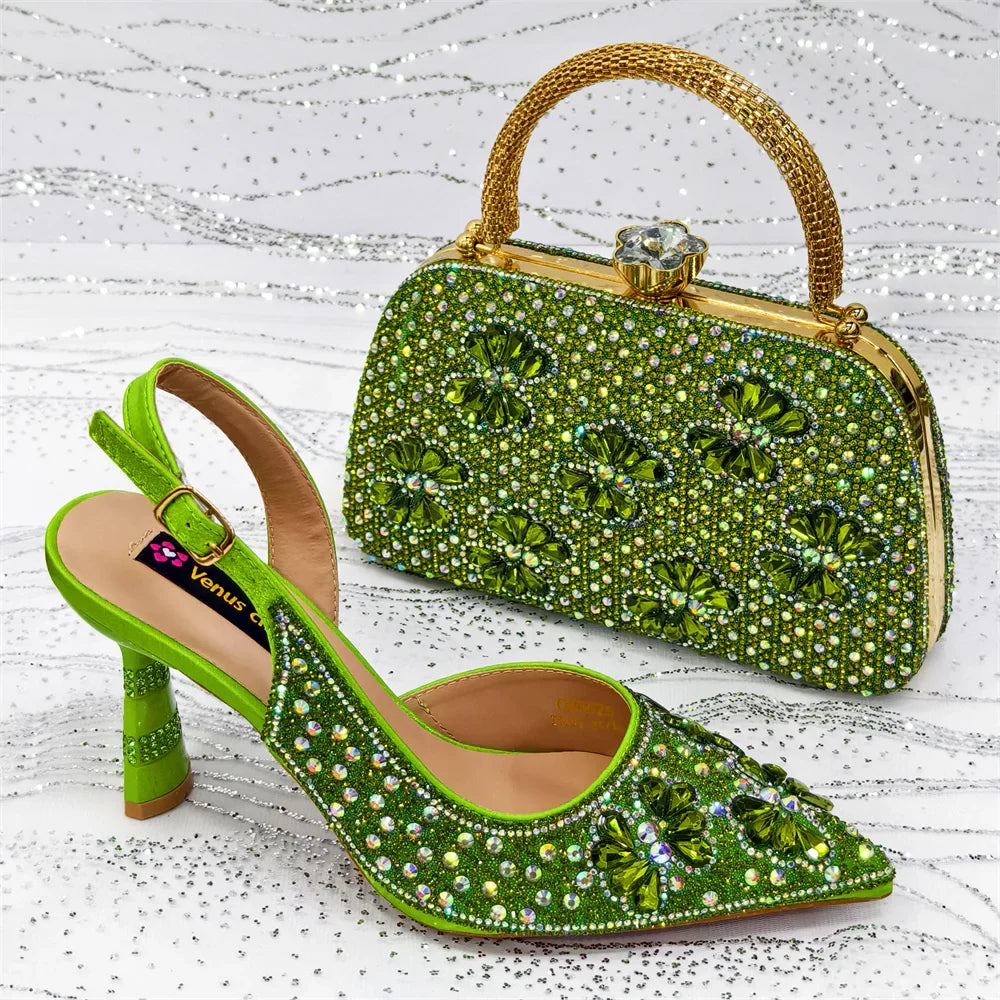 Conjunto de Sapatos de Festa Roxo de Salto Alto e Bolsa de Strass Feminino - Estilo de Casamento Design Italiano