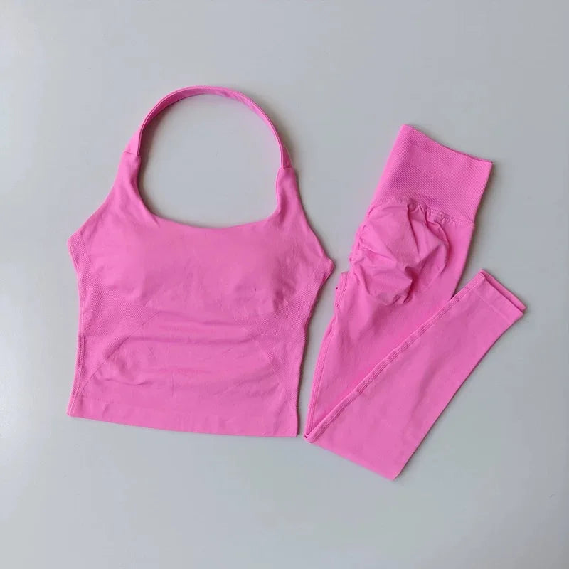 Fitness Set, Long Halter Neck Back-Shaping Leggings, High-Waisted Butt-Lifting Breathable Training Pants for Women
