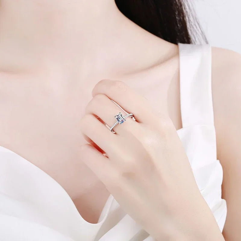 1CT  Moissanite Ring for Women Emerald Radiant Cut Diamond Wedding 925 Silver White Gold Plated  Rings Fine Jewelry