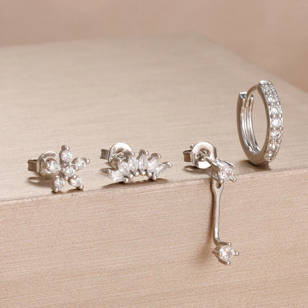 4PCS Stainless Steel Circle Huggie Hoop Earrings Set for Women Gold Color Unique Zircon Flower Stud Earring Piercing Jewelry