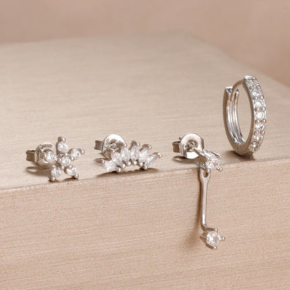 4PCS Stainless Steel Circle Huggie Hoop Earrings Set for Women Gold Color Unique Zircon Flower Stud Earring Piercing Jewelry