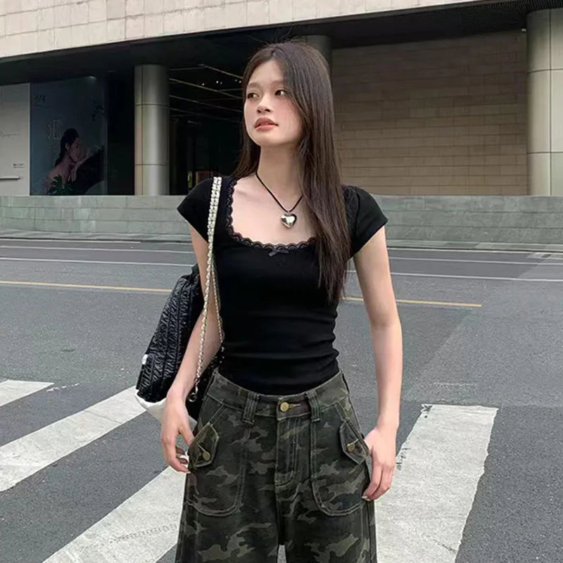 Y2k Lace Patchwork Crop T-shirt Women Vintage Streetwear Sexy Slim U Neck Tops Female Harajuku Korean Bow Chic Bottoming Tees