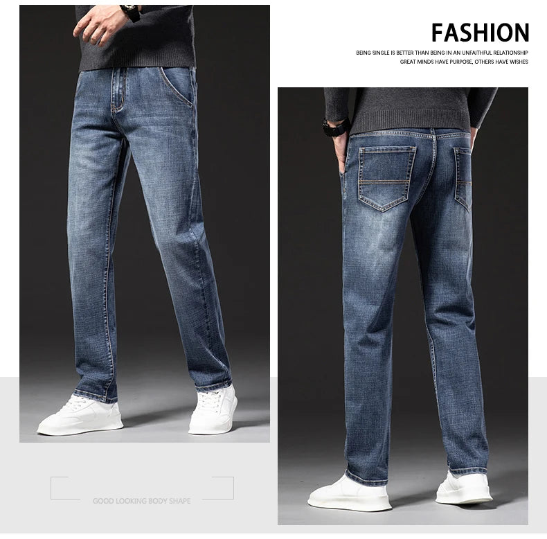 New Autumn and Winter  Plus Size 40 42 44 Men Straight Loose Jeans Business Fashion Denim Stretch Pants Male Brand Trousers