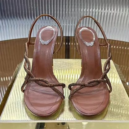 Bling Crystal Studded Thin Heels Sandals Woman Rhinestone Cross-tied High Heels Banquet Shoes Summer Stiletto Sandalias Women
