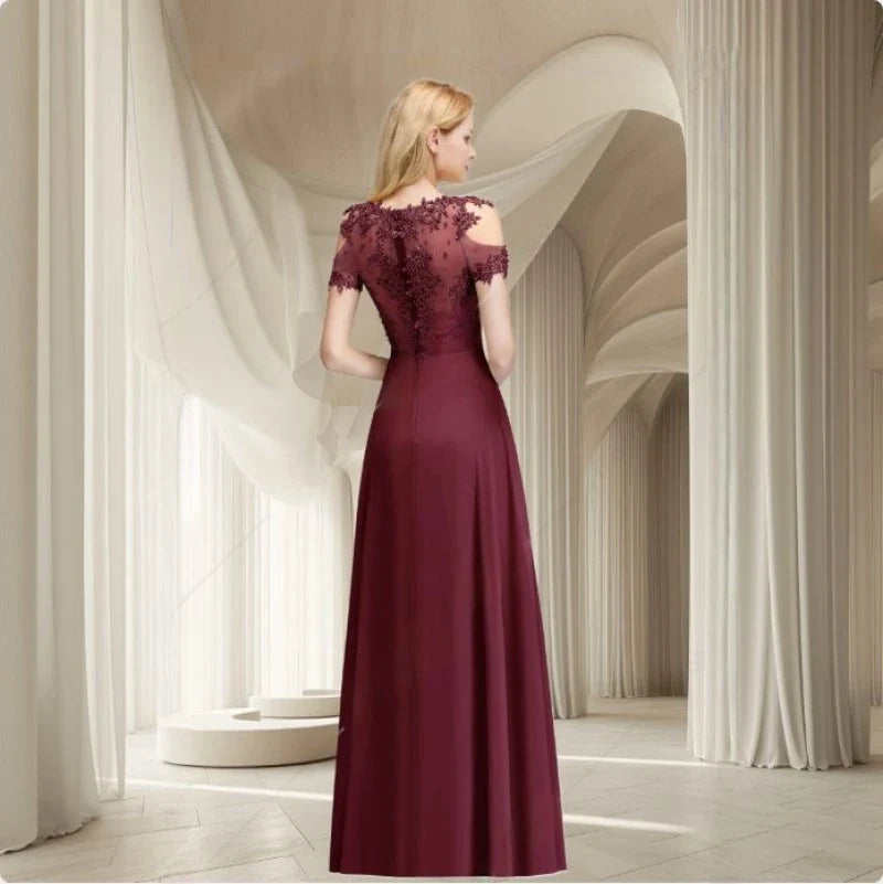 New Burgundy Evening Dresses Illusion Lace Appliques O-Neck Short Sleeve Prom Dress Sheer Back A-Line Long Formal Party Gowns