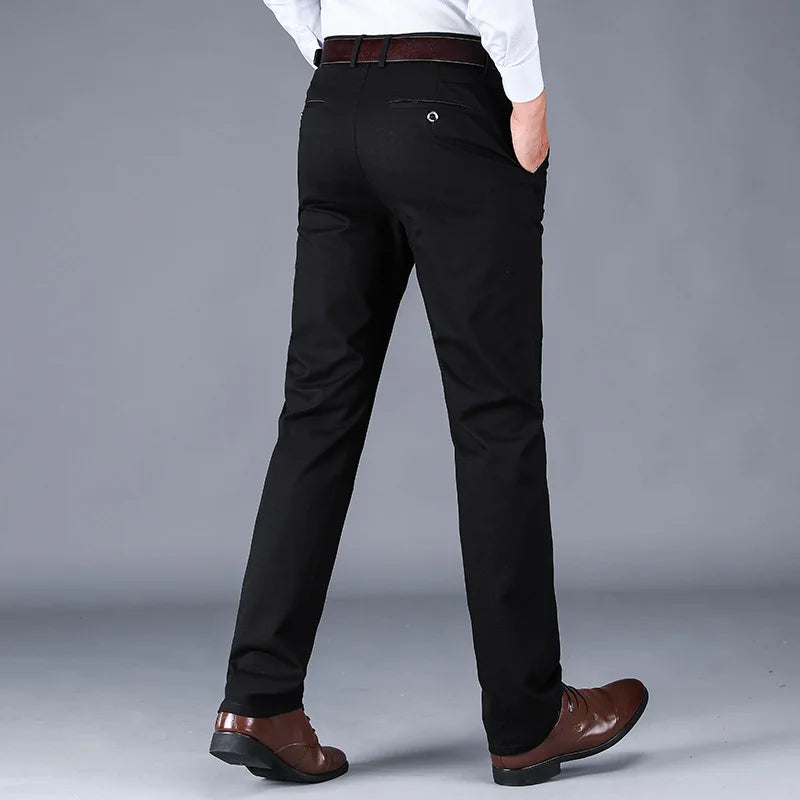 98% Cotton Casual Pants Men Straight Loose High Waist Business Stretch Trousers Mens Solid Color Full Length Pants Man Plus Size