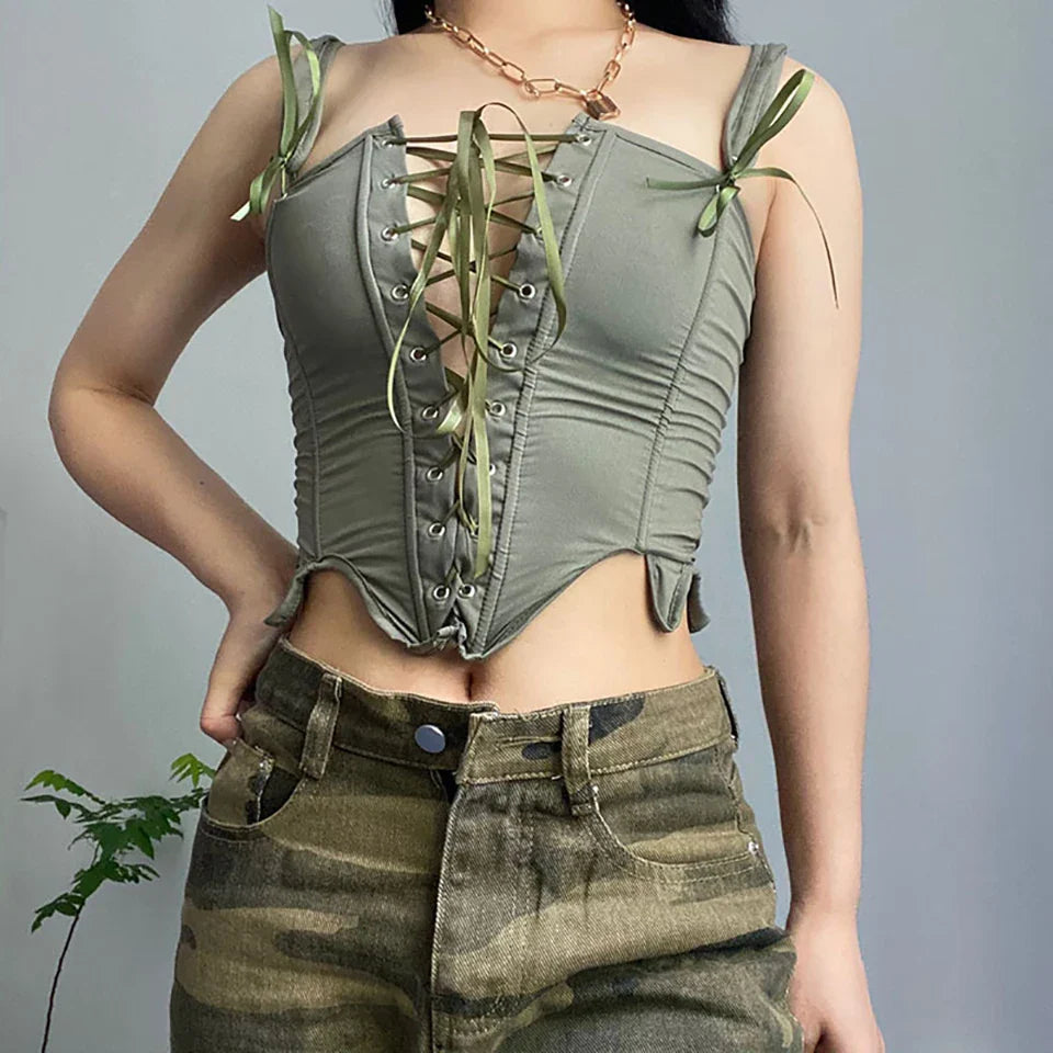 Women's Retro Lace-up Corset Crop Top Sleeveless Spaghetti Straps Bustiers Corsets Medieval Slim Tight Cami Tops Club Outwear