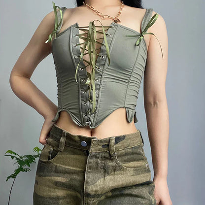 Women's Retro Lace-up Corset Crop Top Sleeveless Spaghetti Straps Bustiers Corsets Medieval Slim Tight Cami Tops Club Outwear