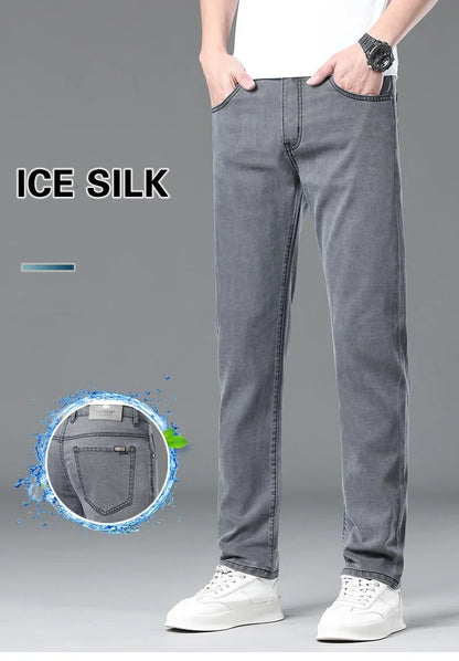 Summer Lyocell Ultra-thin Jeans Men Straight Stretch Breathable Denim Pants Fashion Business Casual Male Trousers Black Gray
