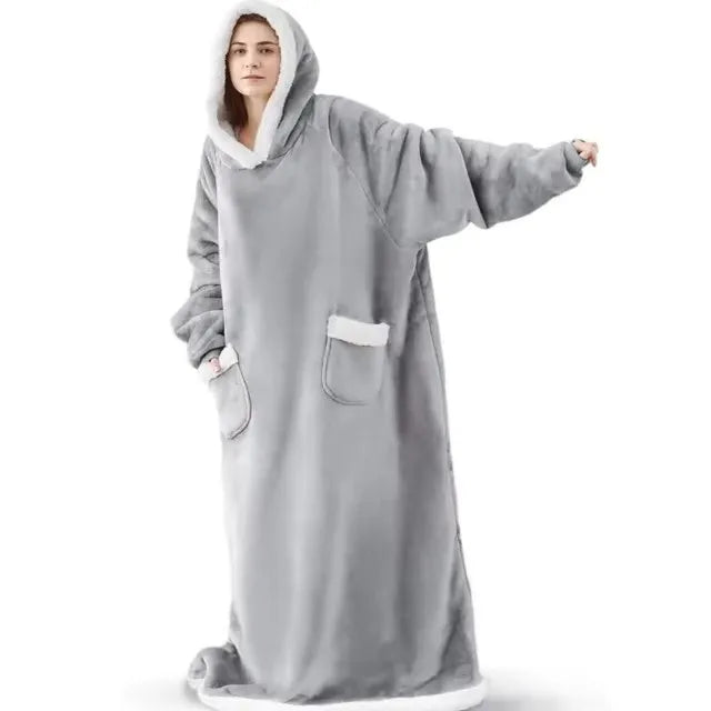 180cm Super Long Flannel Blanket Pyjamas with Sleeves Winter Hoodies Sweatshirt Women Men Pullover Fleece Giant Oversized Outd
