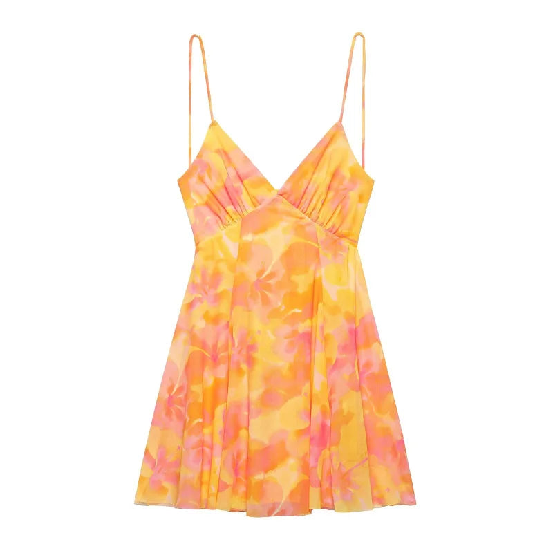 Women's vacation Style printed silk mesh sexy V-neck halter short Dress Hot Girl Dress