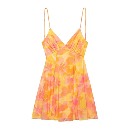 Women's vacation Style printed silk mesh sexy V-neck halter short Dress Hot Girl Dress