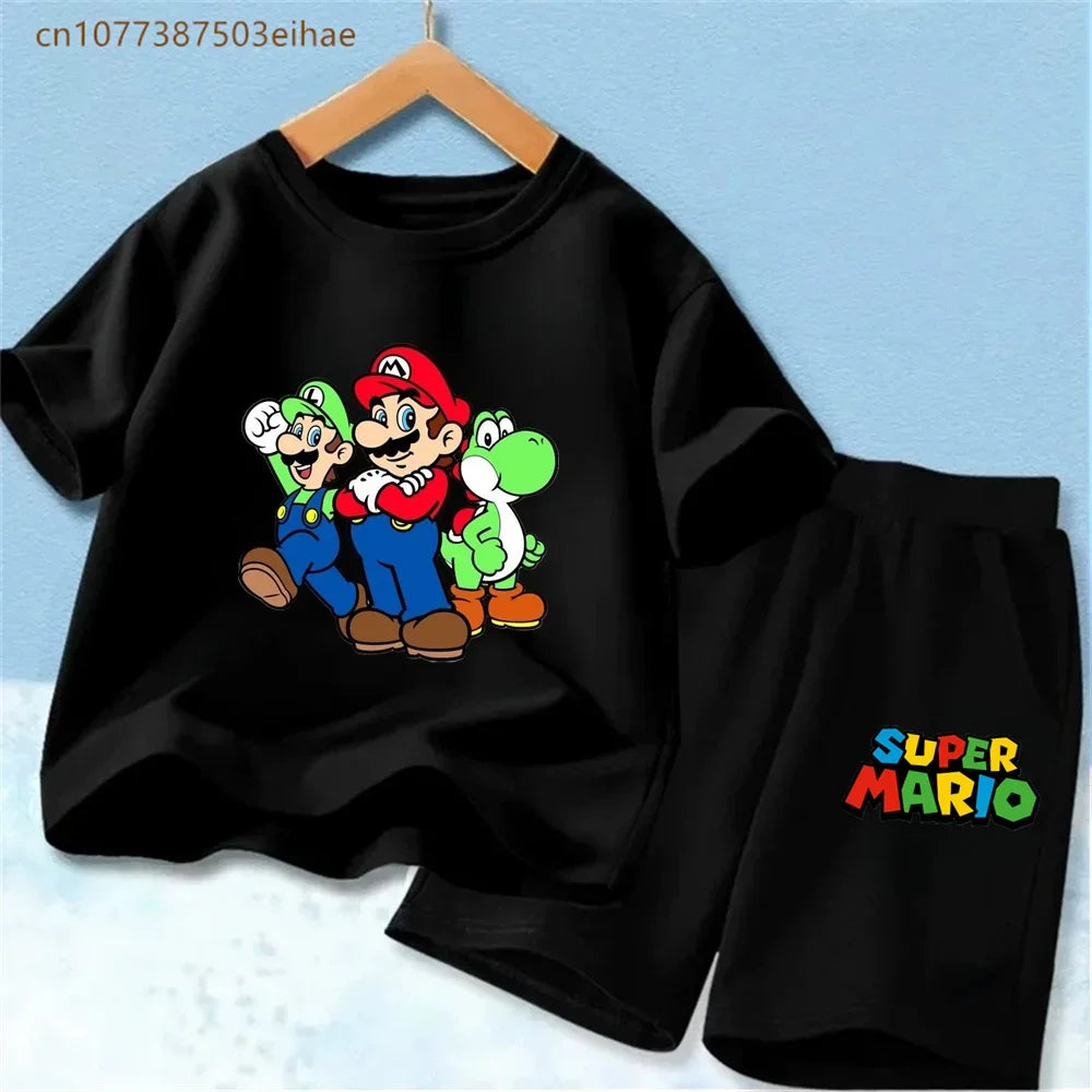 Cute Mario Pattern Children 2 Piece Suits Pure Cotton Short Sleeve Tee Tops + Fashion Shorts Summer Casual Daily Wear