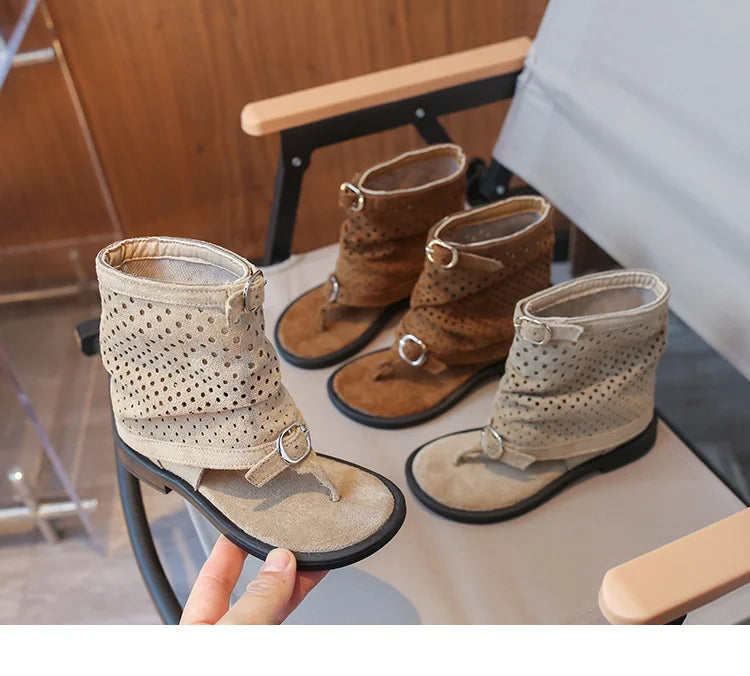 Ankle-strap Summer Slouchy Boots for Girls Suede Leather High-top Sandals Princess Cut-outs Flip Flop Dress Shoes Child J03203