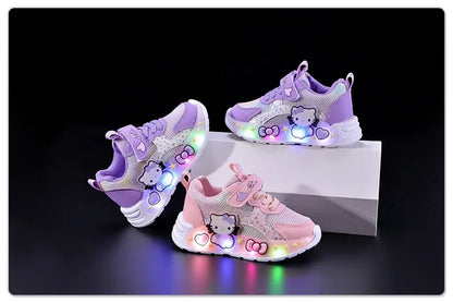 Kids'Casual Shoes Girls Led Light Cartoon PU Leather Fashion Sport Flat Bottom Shoes Breathable White Pink Size 21-30