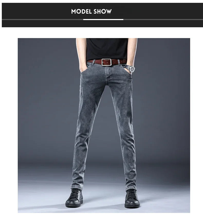 2026 New Gray Skinny Jeans Men's Slim Elastic Korean Fashion Vintage Casual Feet Male Clothing Denim Trousers 27-36