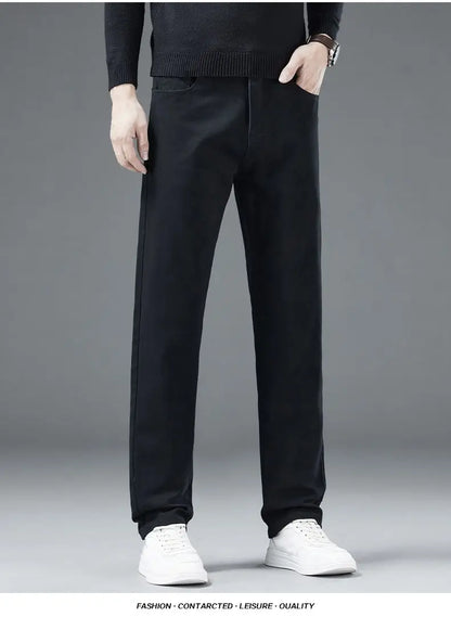 2026 Autumn Winter New Trendy Classic Jeans Male Solid Color Washed Straight Denim Pants Wide Leg Business Casual Stretchy Jeans