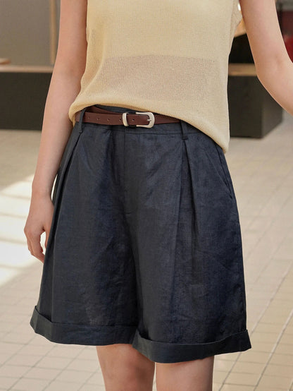 Summer Korea Style Lazy Linen Curled Bermuda Shorts Wide Leg Loose Slim Casual Hot Pants For Women