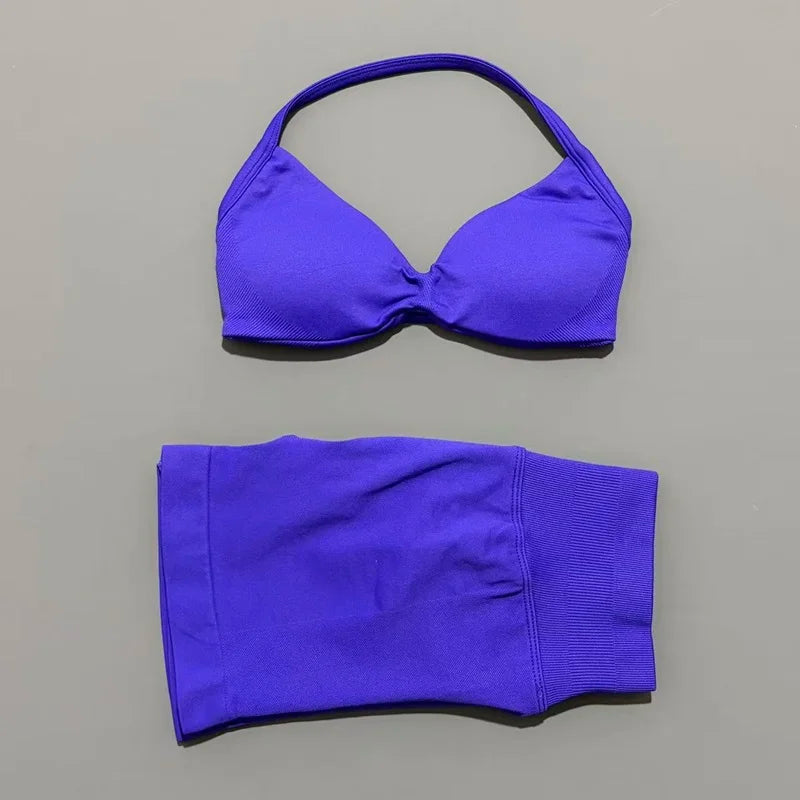 No Logo 2 Piece Impacts Gym Set Women Seamless Yoga Strappy Bra Workout Scrunch Sports Low Waist Shorts Sport Set