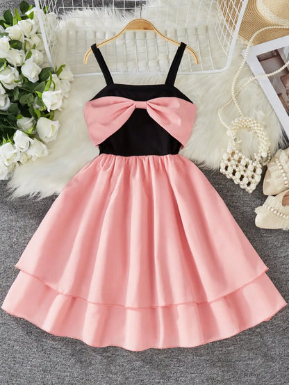 Girls' fashionable and elegant camisole dress for summer, girls' outdoor casual contrasting butterfly bow curved skirt dress