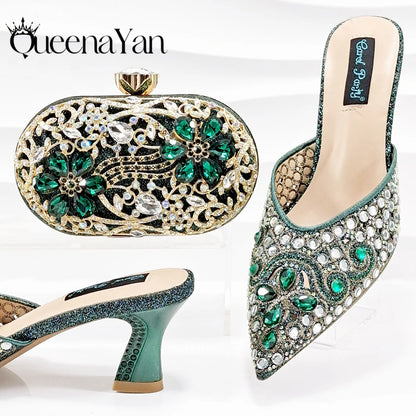 Luxury Pink Rhinestone Party Shoes and Clutch for Women- Elegant Crystal Heels with Matching Evening Bag