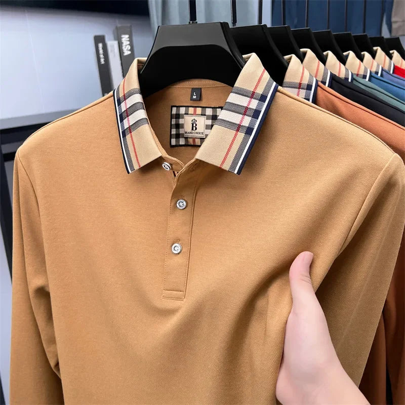 Men's Plaid Long Sleeve Polo Shirt Autumn Winter Casual Office Outdoor Fashion Top Commercial Collar Trendy Men's Clothing