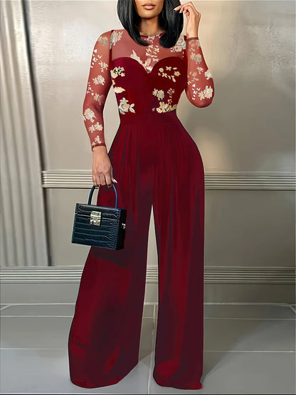 Women's Black Jumpsuit with Sheer Floral Embroidered Top Wide Leg Design Ideal for Evening Galas Cocktail Parties Formal Events