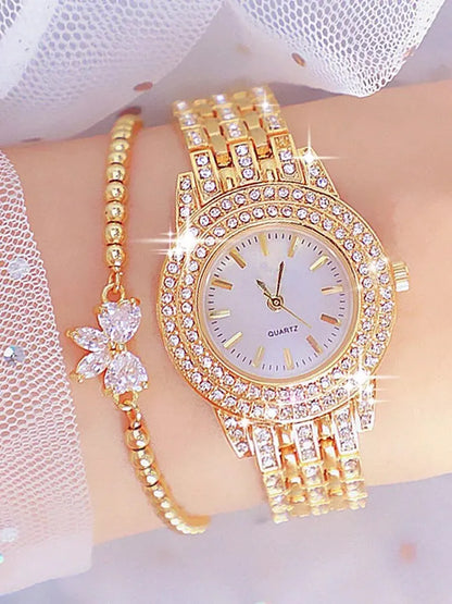 2pcs Fashionable Diamond Studded Real Nail Scale Alloy Set Quartz Bracelet Watch FOR WOMEN'S Watches