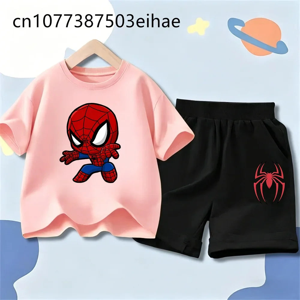 Spider-Man Trendy New Style Children Summer Outfit Cartoon Pattern Short Sleeve Tee Sports Shorts Loose Breathable Wear Gift