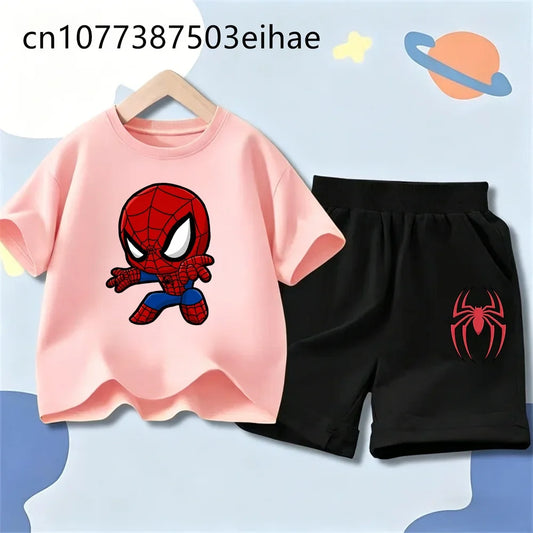 Spider-Man Trendy New Style Children Summer Outfit Cartoon Pattern Short Sleeve Tee Sports Shorts Loose Breathable Wear Gift