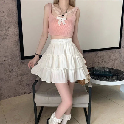 Girls White Puffy A-Line Mini Skirt Spring Summer Fresh Sweet Style Polyester Fabric Short Half-Length Baked Cake Skirt
