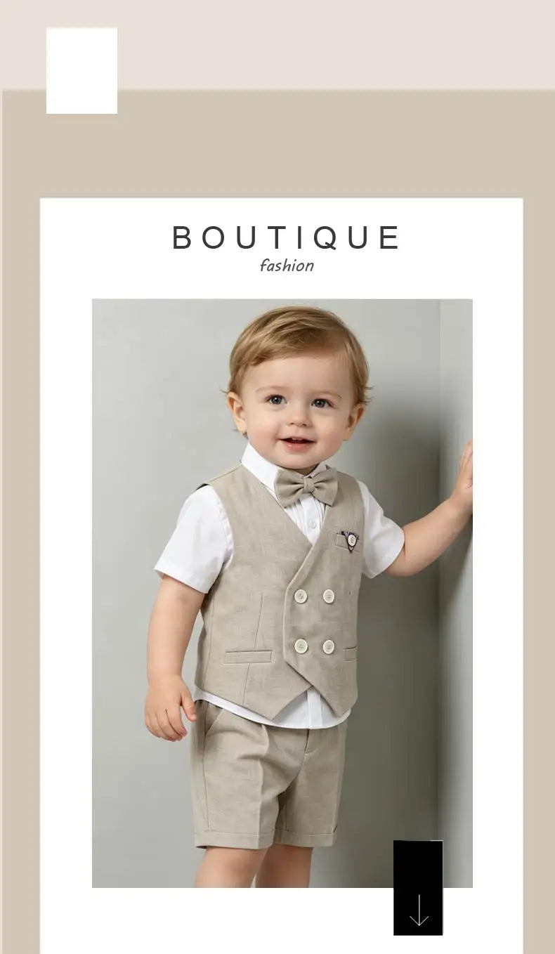 Summer Kids Boy Linen Suit Set Double Breasted Vest Shorts Bowtie for Ring Bearer Flower Boys Toddler Gentleman Outfit Clothes