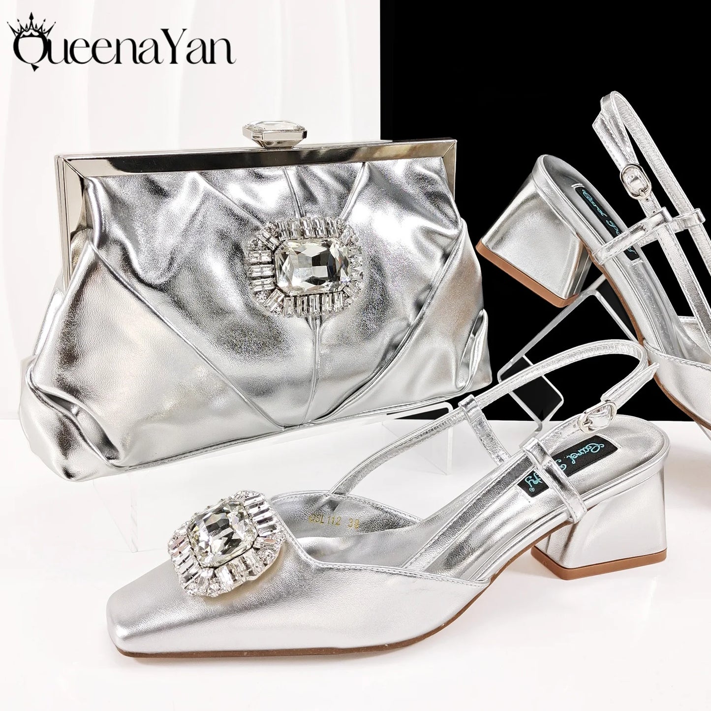 Nigerian Heel Party for Women Purple Color Shoes and Bag Set Rhinestone Handbag Italian Design Wedding